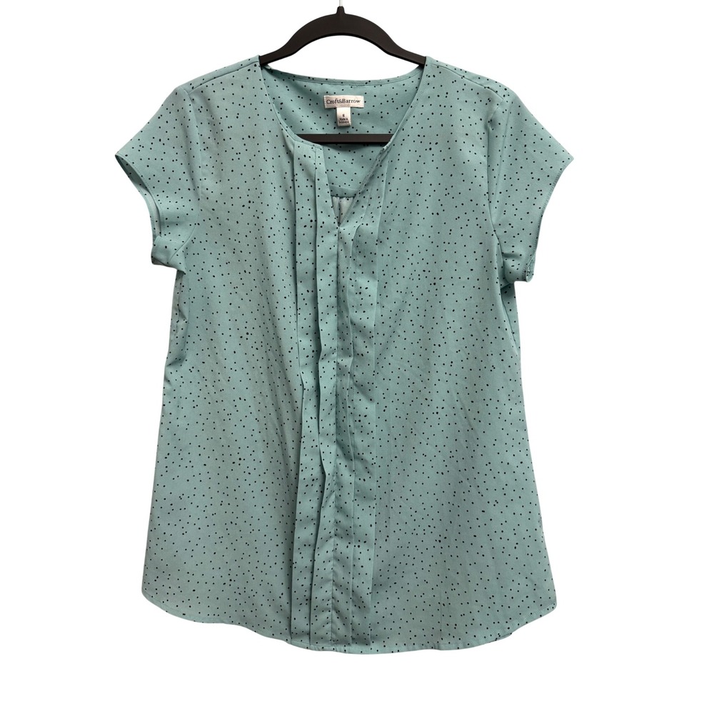 Croft & Barrow Small Mint Green Polka Dot Pleated V-Neck Blouse Top Career Shirt